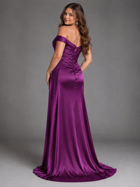 Off Shoulder Satin Maxi Dress with Slit