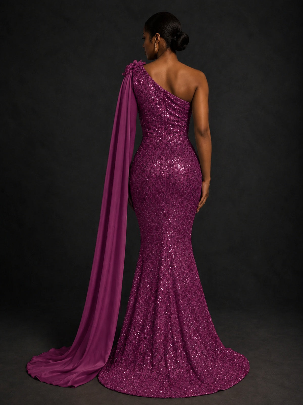 Gold Sequin One Shoulder Mermaid Prom Dress with Cape