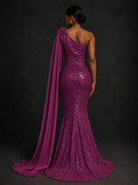 Gold Sequin One Shoulder Mermaid Prom Dress with Cape