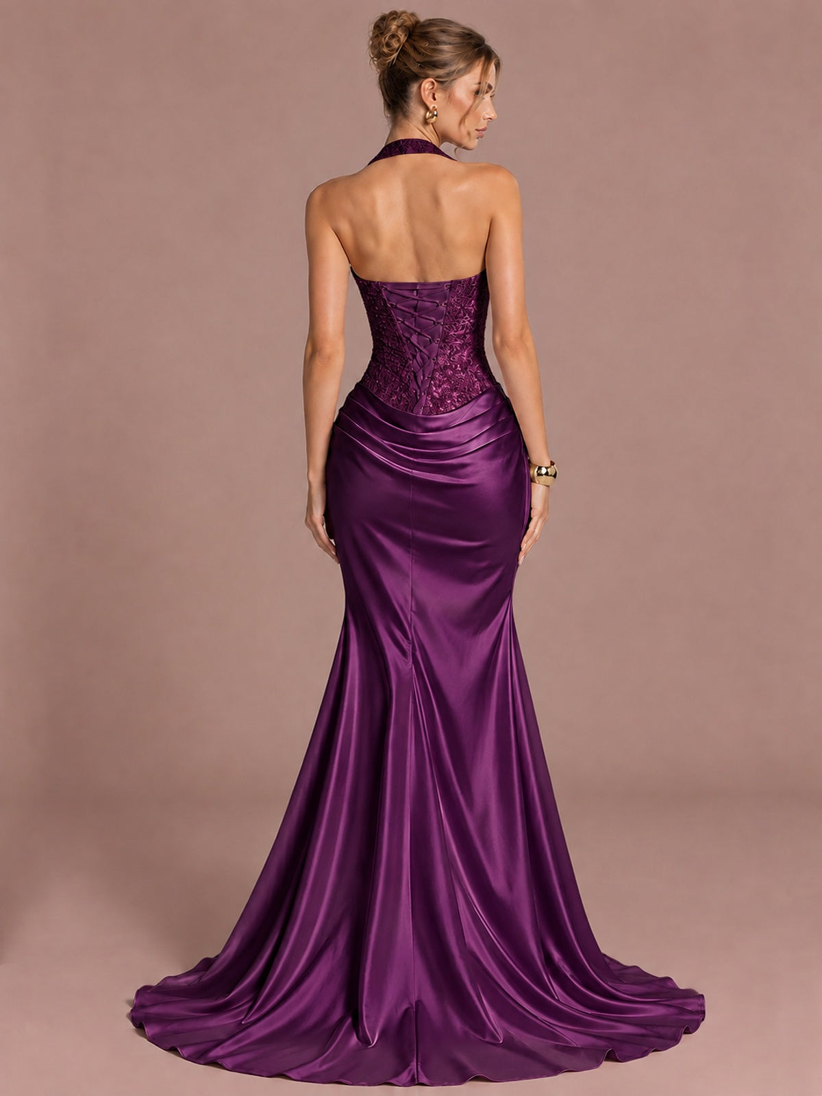 Sparkling Halter Corset Satin Mermaid Prom Dress