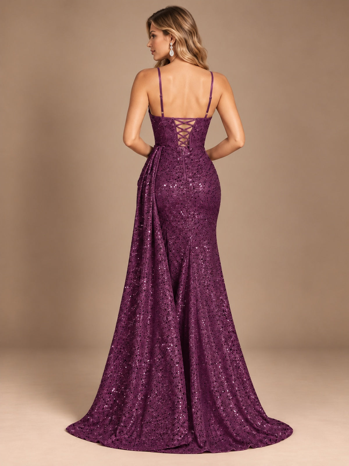 Burgundy Sequin Corset Prom Dress with High Slit