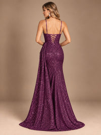 Burgundy Sequin Corset Prom Dress with High Slit