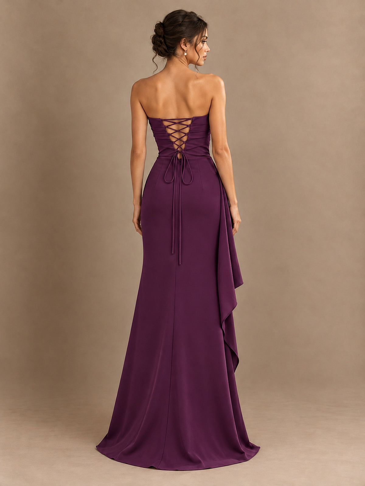Black and White Strapless Ruched Prom Dress with High Slit & Side Drape