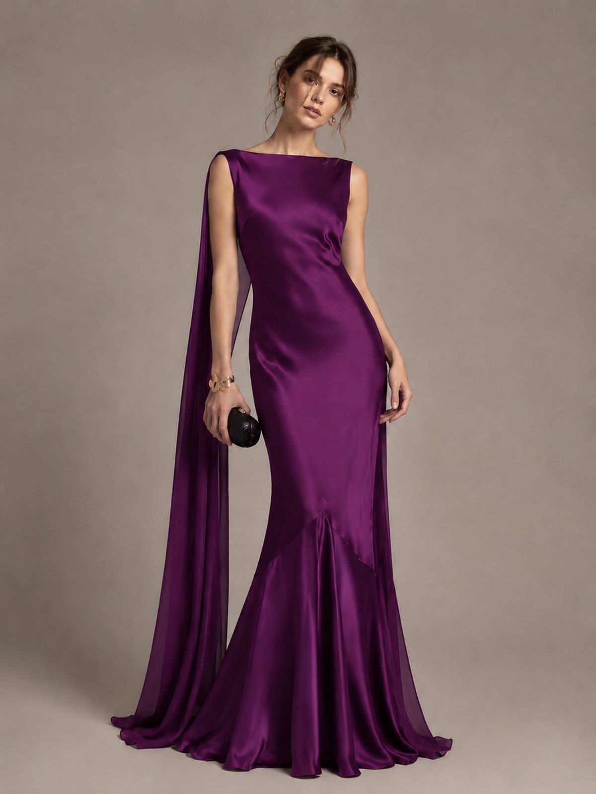 Burgundy Satin Mermaid Cape Maxi Dress
