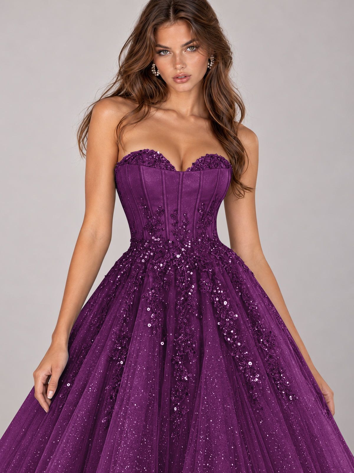 Strapless Sweetheart Beaded Corset Glitter Tulle Ball Gown Prom Dress