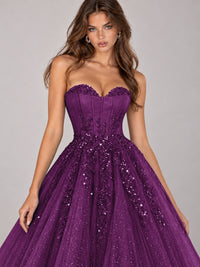 Strapless Sweetheart Beaded Corset Glitter Tulle Ball Gown Prom Dress