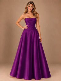 Blush Pink Strapless Satin A-Line Prom Dress with Ruched Bodice