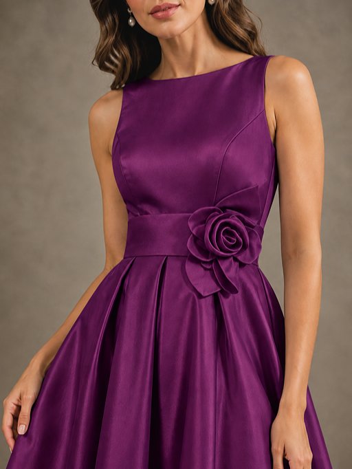 Tea-Length Satin Mother of the Bride Dress with 3D Flower Detail