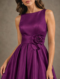 Tea-Length Satin Mother of the Bride Dress with 3D Flower Detail