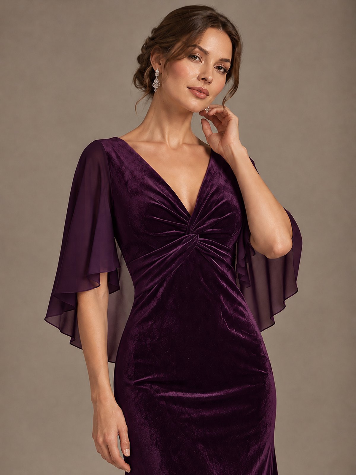 Navy Blue Velvet V Neck Mermaid Formal Dress with Flutter Cape Sleeves