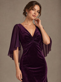 Navy Blue Velvet V Neck Mermaid Formal Dress with Flutter Cape Sleeves