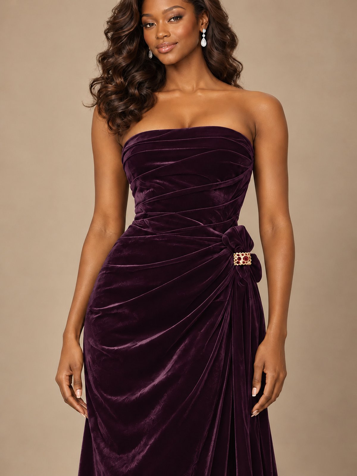 Burgundy Velvet Strapless Ruched Prom Dress with Jeweled Side Drape