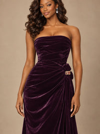 Burgundy Velvet Strapless Ruched Prom Dress with Jeweled Side Drape
