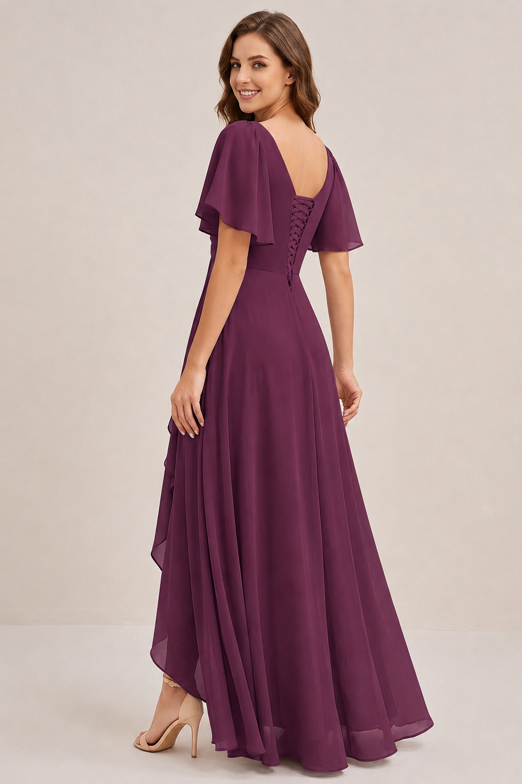Dusty Blue Chiffon Bridesmaid Dress with Flutter Sleeves & High-Low Hem