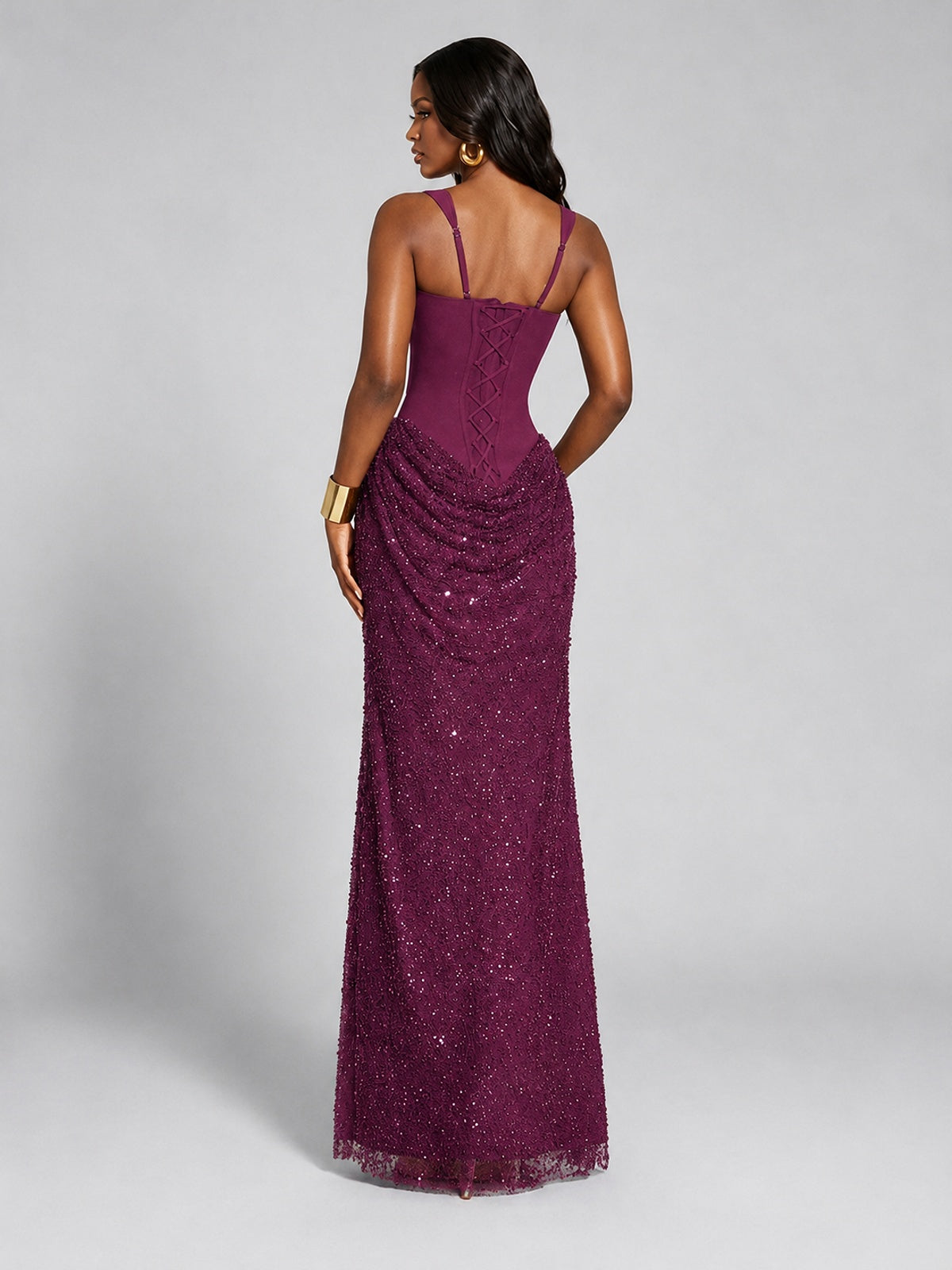Sequin Corset Mermaid Prom Dress with Square Neck Wide Strap High Slit