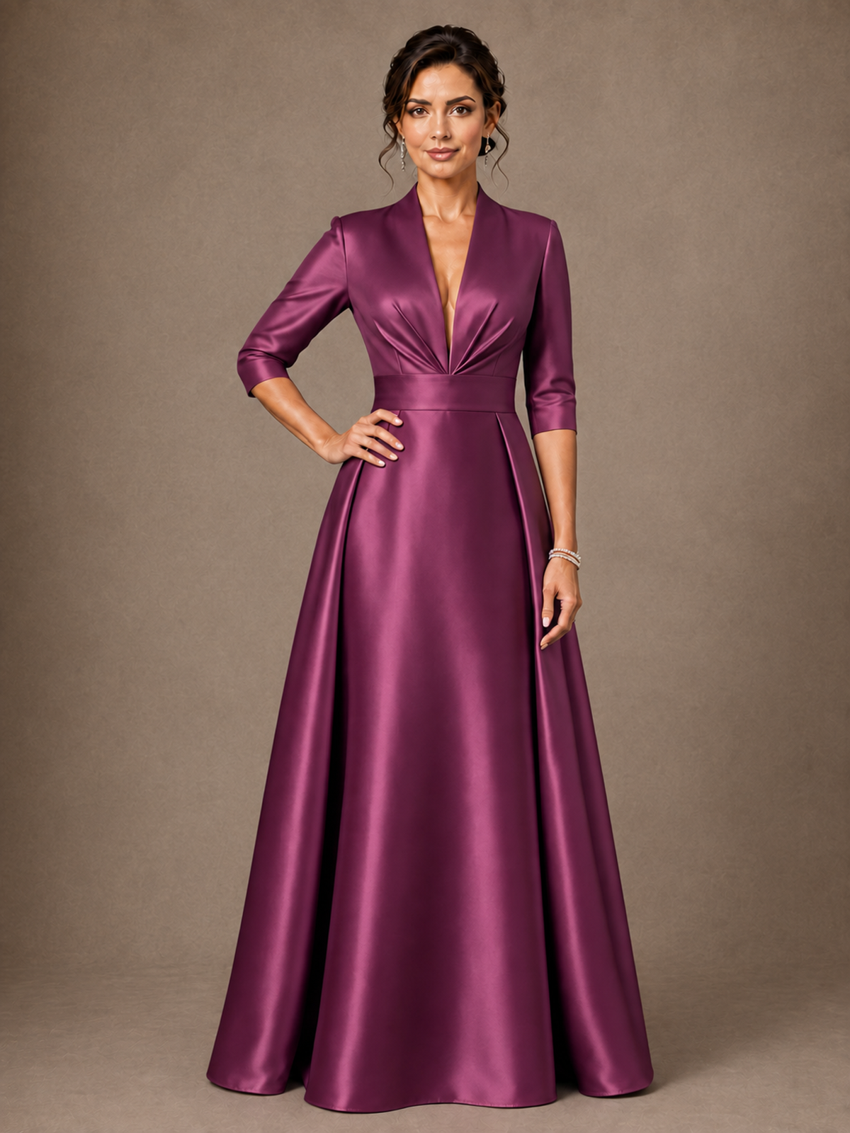 V-Neck Pleated Satin Mother of the Bride Gown with 3/4 Sleeves