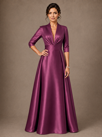 V-Neck Pleated Satin Mother of the Bride Gown with 3/4 Sleeves