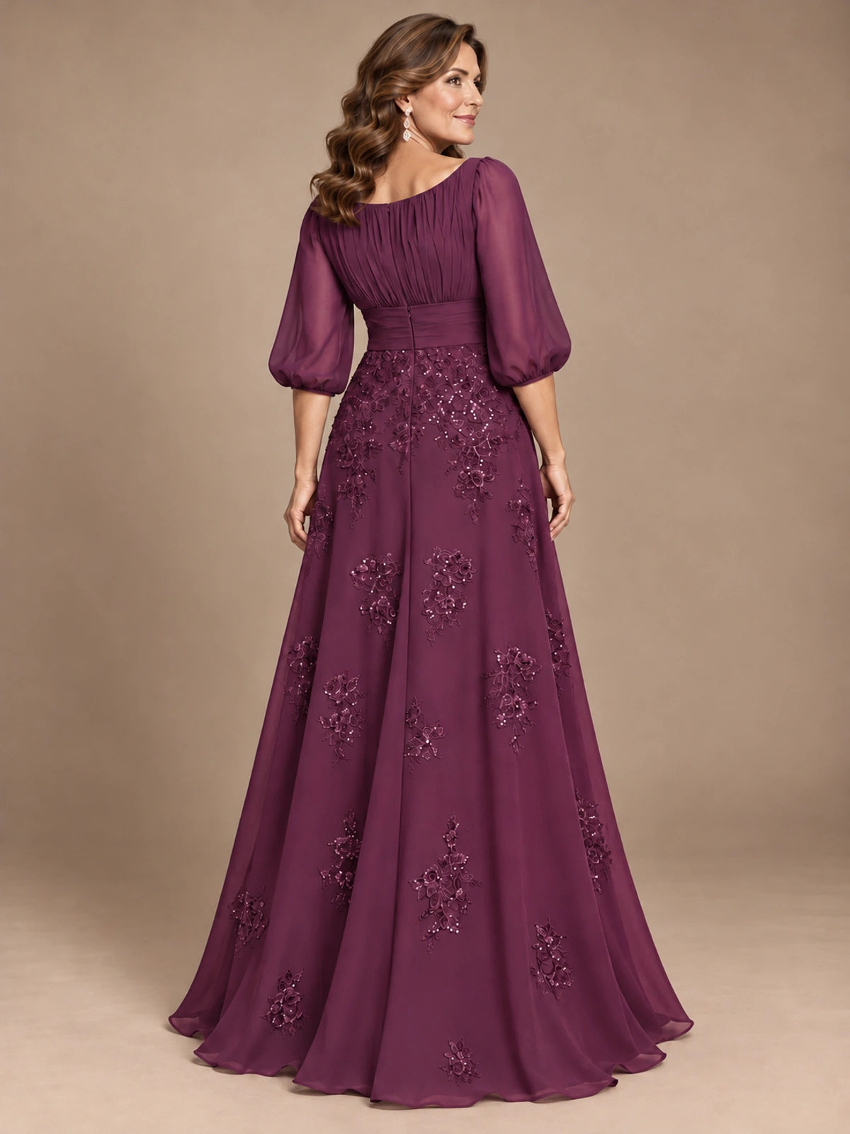 A-Line Mother of the Bride Dress with Sheer Puff Sleeves