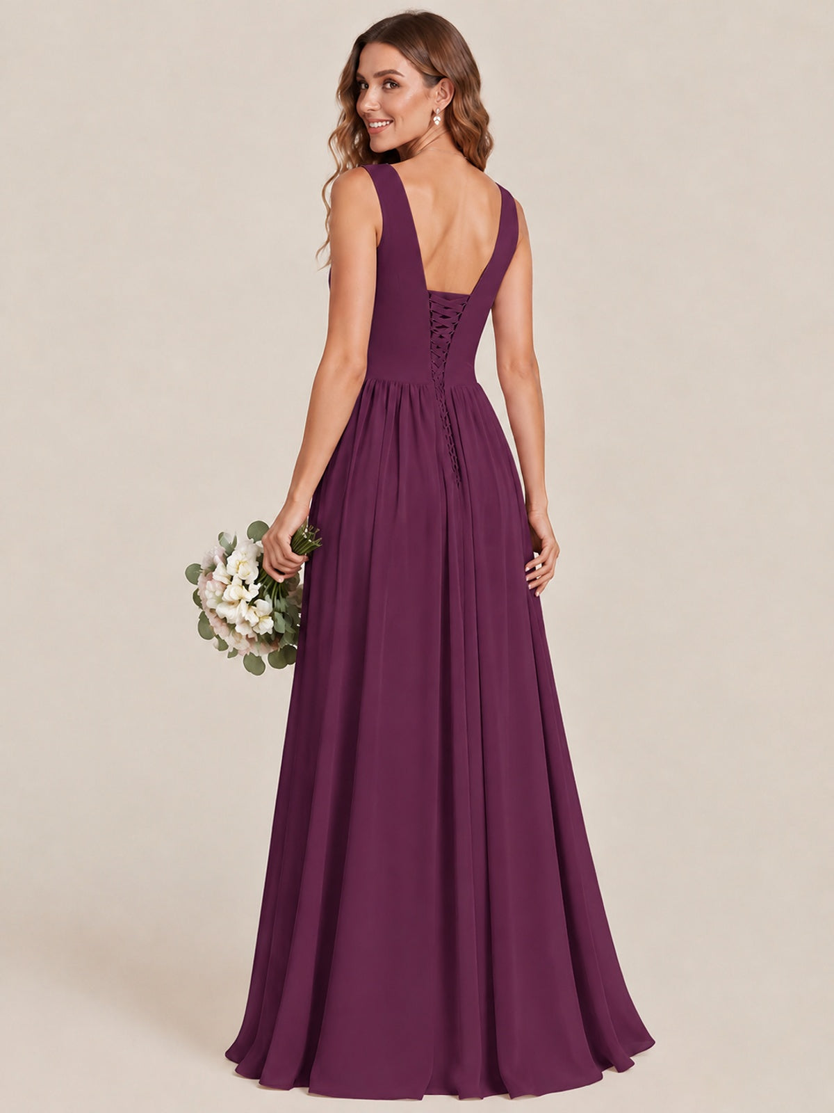 A-line Sleeveless Rucehd Chiffon Bridesmaid Dress with High Slit