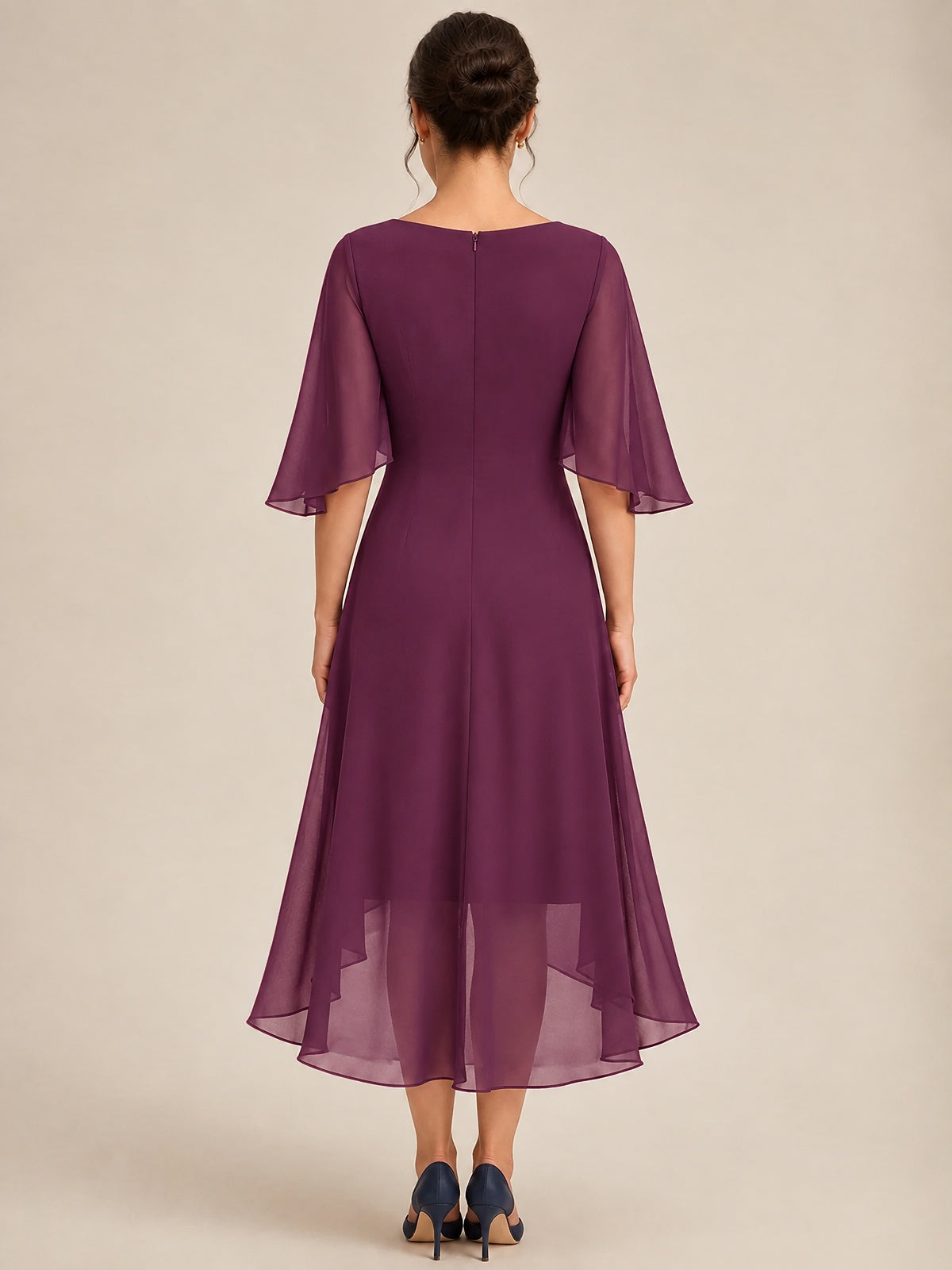 Cowl Neck Ruched Chiffon Mother of the Bride Dresses with Flutter Sleeves
