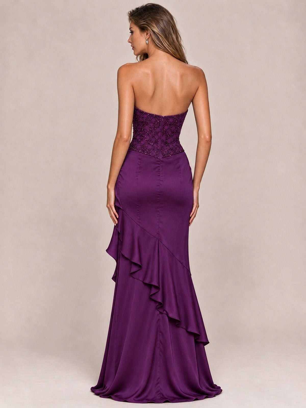 Strapless Lace Appliques Corset Satin Prom Dress Ruffle Slit Evening Gown