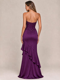 Strapless Lace Appliques Corset Satin Prom Dress Ruffle Slit Evening Gown