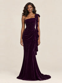 Black Velvet One-Shoulder Mermaid Evening Gown with Bow & Ruffles
