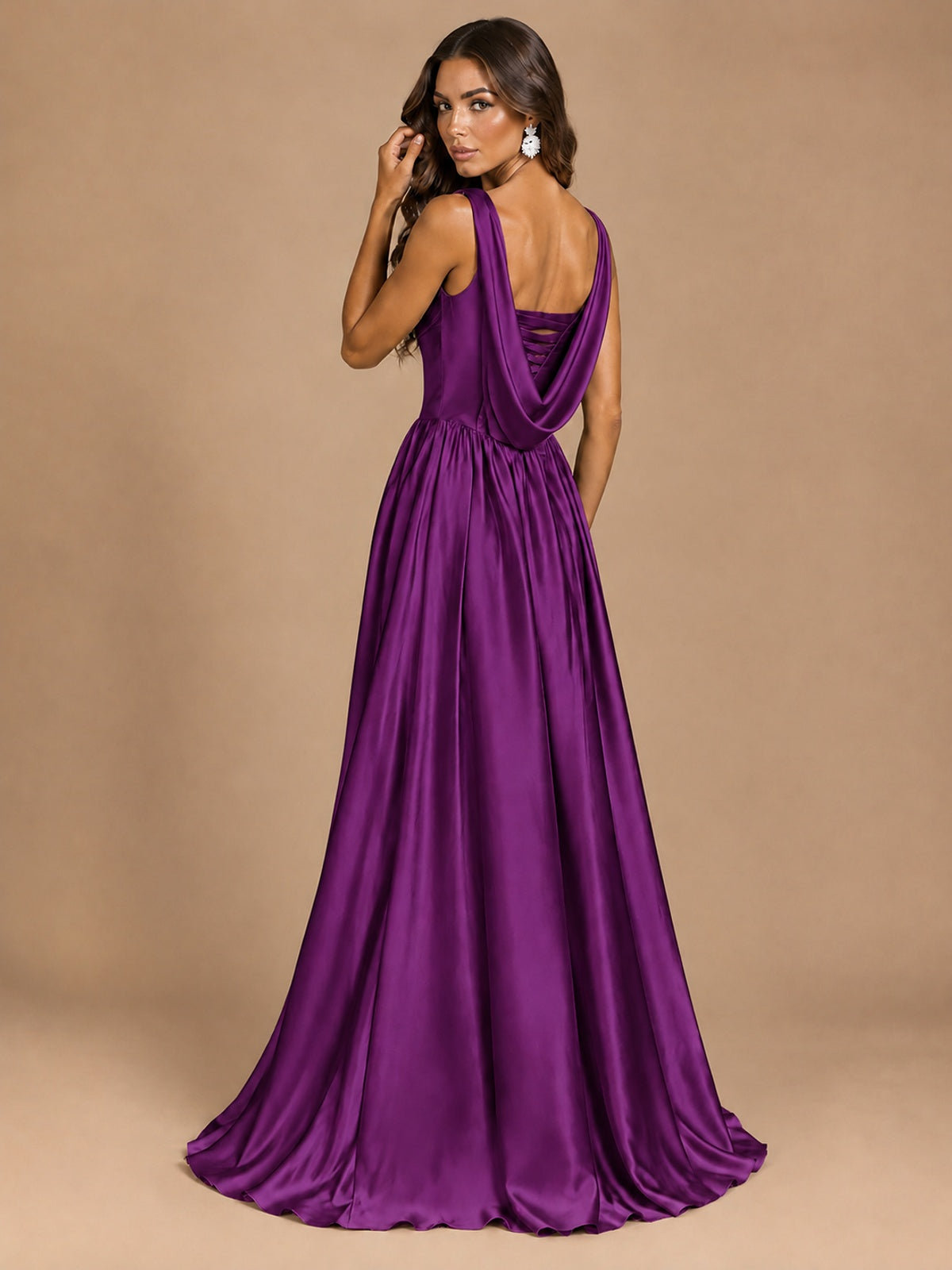 Cowl Neck Pleated Satin Prom Dress with Pockets & Slit Maxi Formal Gowns
