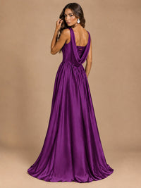 Cowl Neck Pleated Satin Prom Dress with Pockets & Slit Maxi Formal Gowns