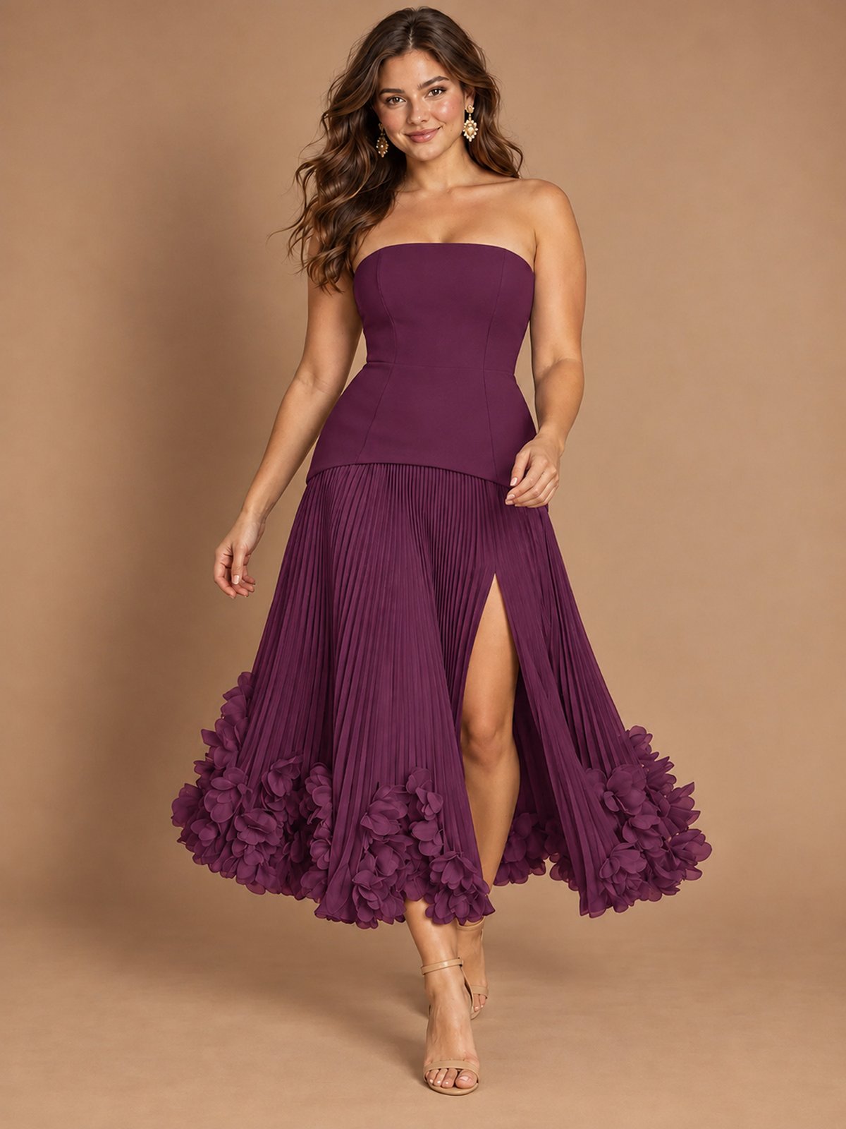 Navy Blue Strapless Pleated A-Line Midi Dress with 3D Floral Applique