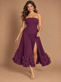 Navy Blue Strapless Pleated A-Line Midi Dress with 3D Floral Applique