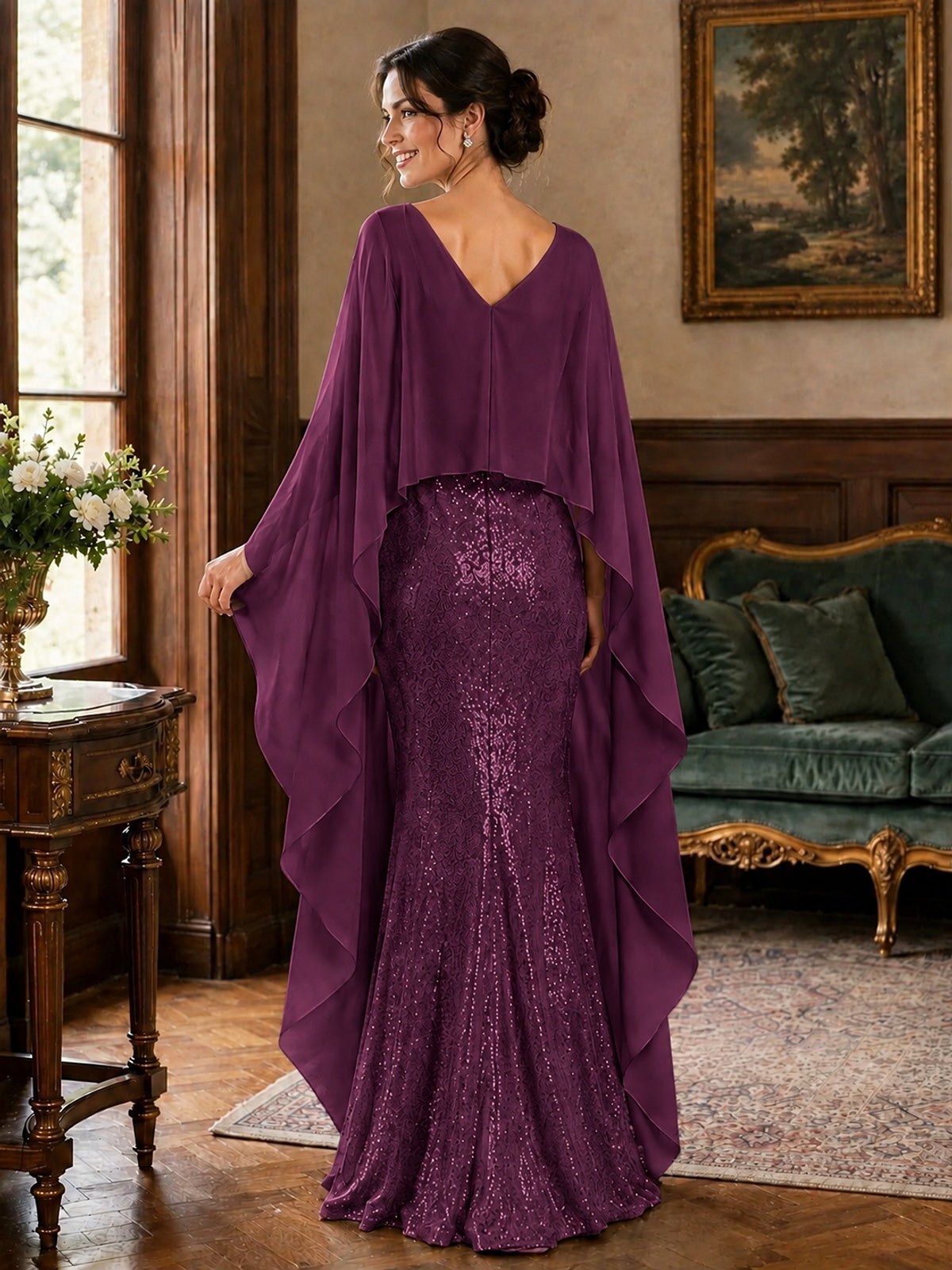 Sequin 2 Pieces Mother of the Bride Dress with Cap Sleeves Chiffon Formal Gowns