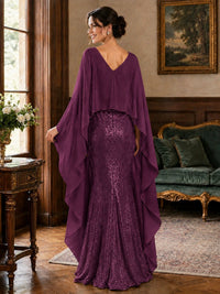 Sequin 2 Pieces Mother of the Bride Dress with Cap Sleeves Chiffon Formal Gowns