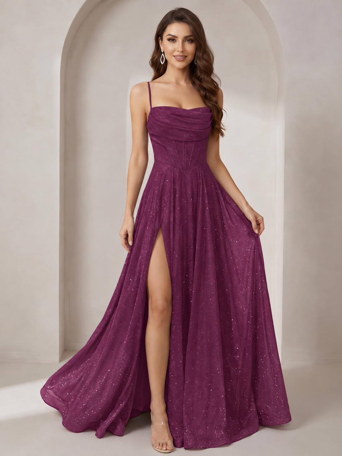 Sparkly Cowl Neck Corset Long Prom Dress with Slit A-line Tulle Ball Gown