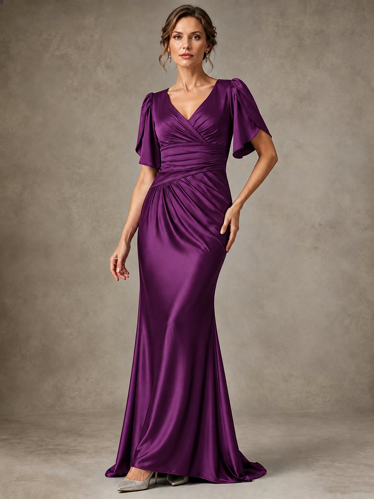 V-Neck Satin Mother of the Bride Dress with Flutter Sleeves