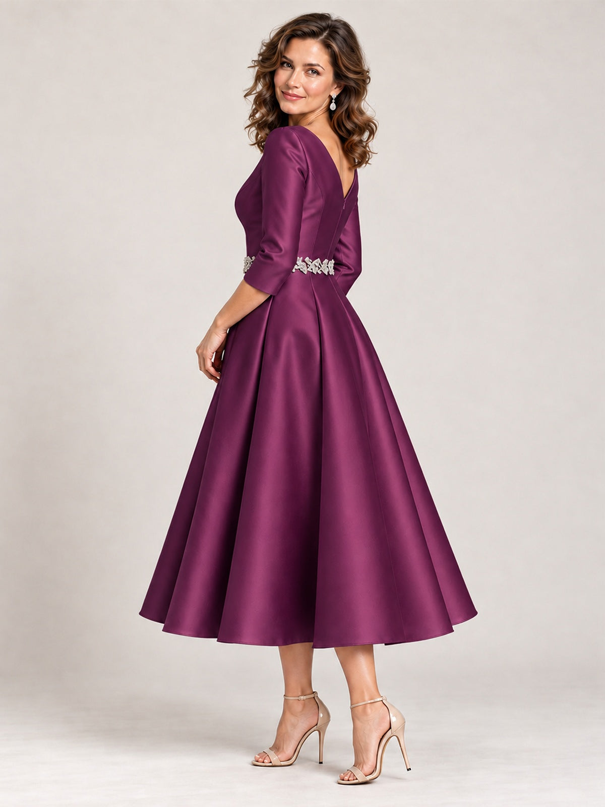 V-Neck Tea-Length Mother of the Bride Dress with Embellished Waist