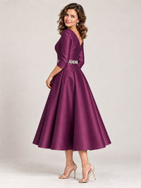 V-Neck Tea-Length Mother of the Bride Dress with Embellished Waist