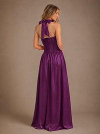 Pink V Neck Halter Satin Maxi Dress