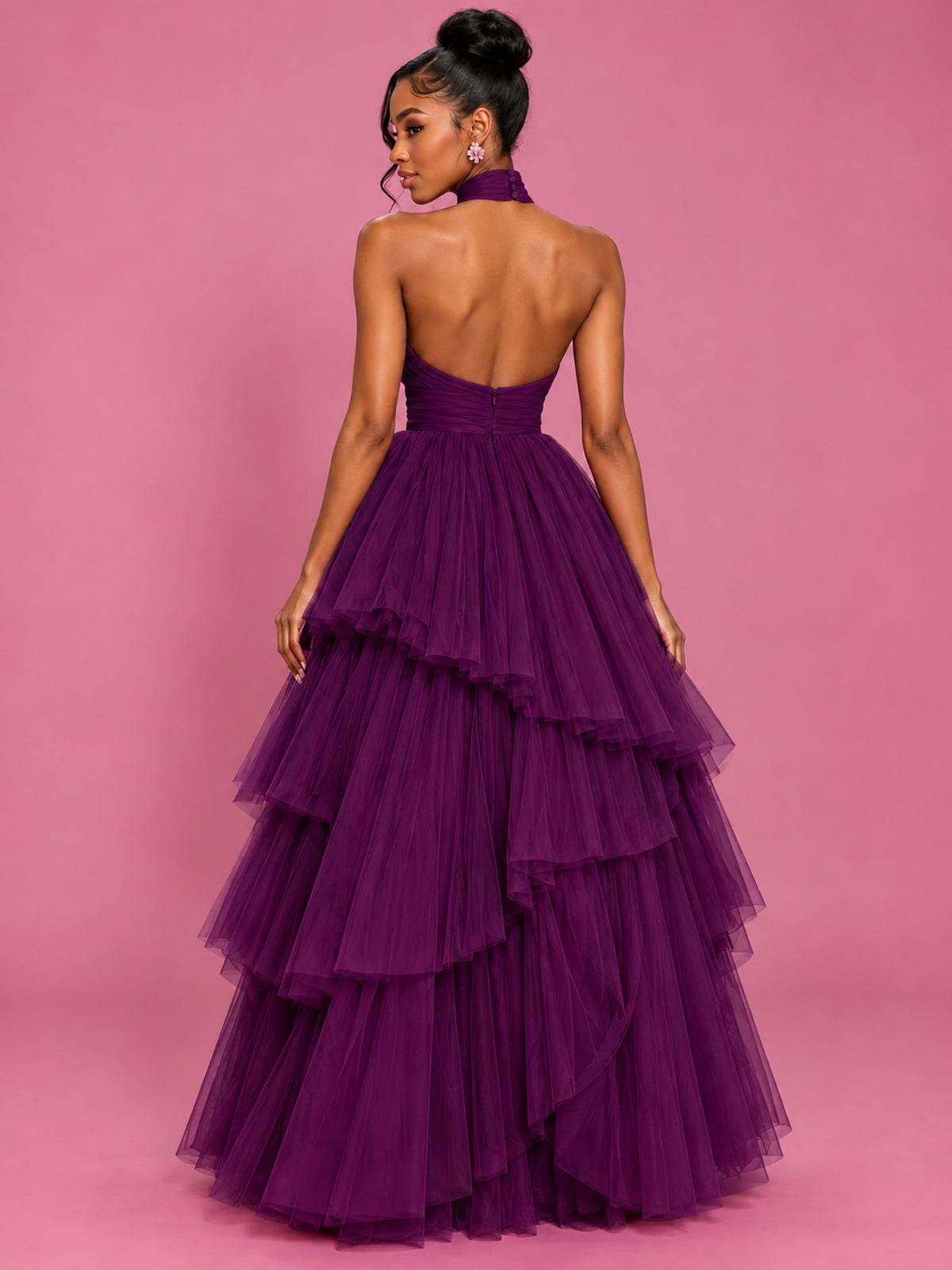 Hot Pink Tulle Halter Neck Tiered Ruffle Maxi Dress