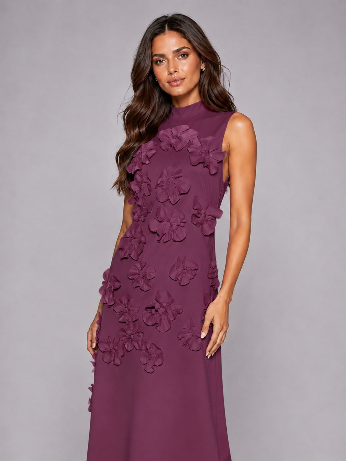 3D Floral Applique High Neck Prom Maxi Dress