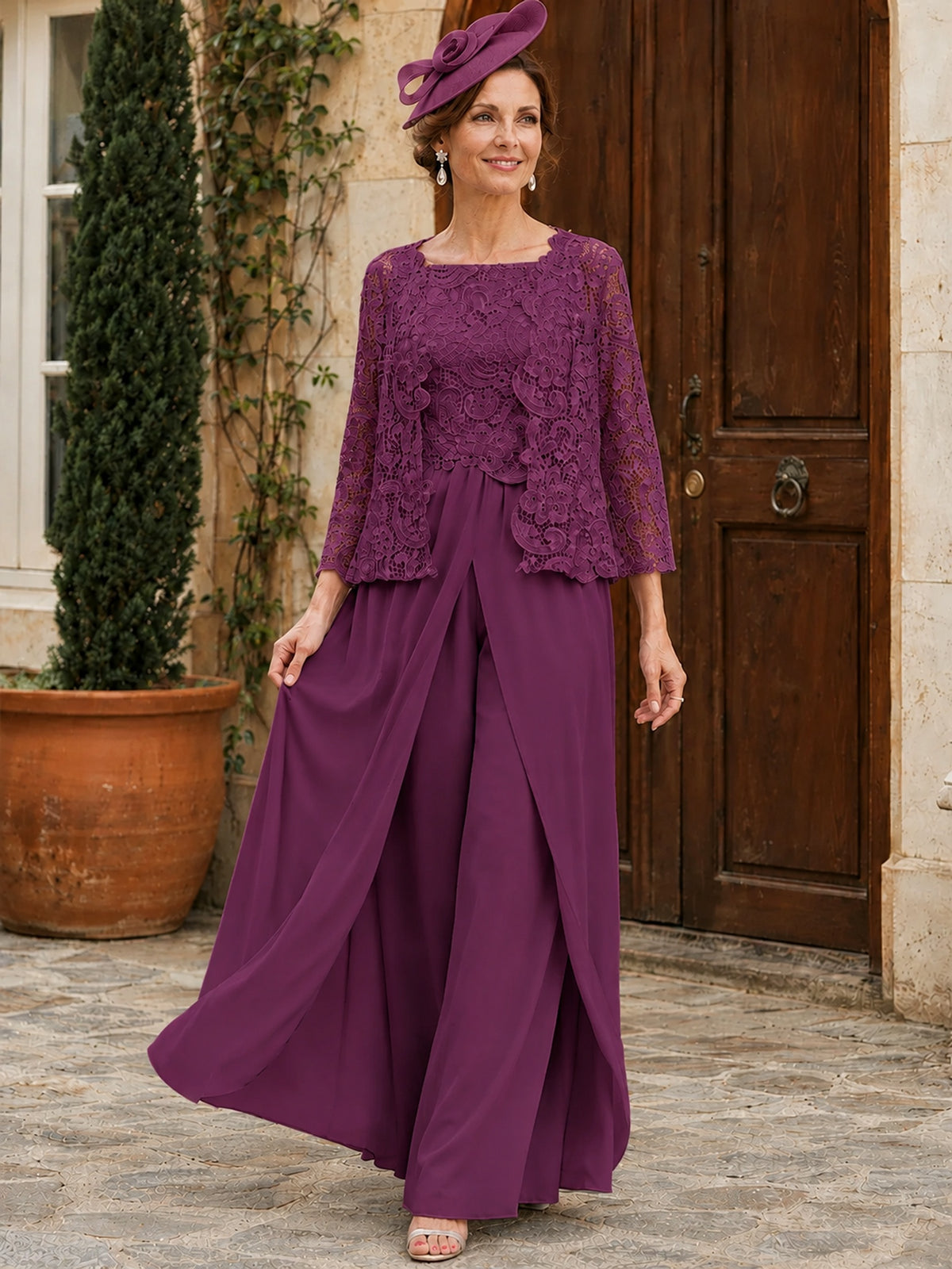Elegant 3-Piece Chiffon Mother of the Bride Pantsuit with Floral Applique Jacket