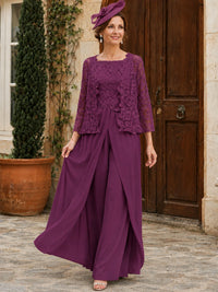 Elegant 3-Piece Chiffon Mother of the Bride Pantsuit with Floral Applique Jacket