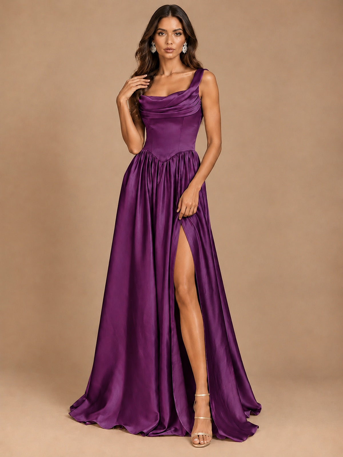 Cowl Neck Pleated Satin Prom Dress with Pockets & Slit Maxi Formal Gowns