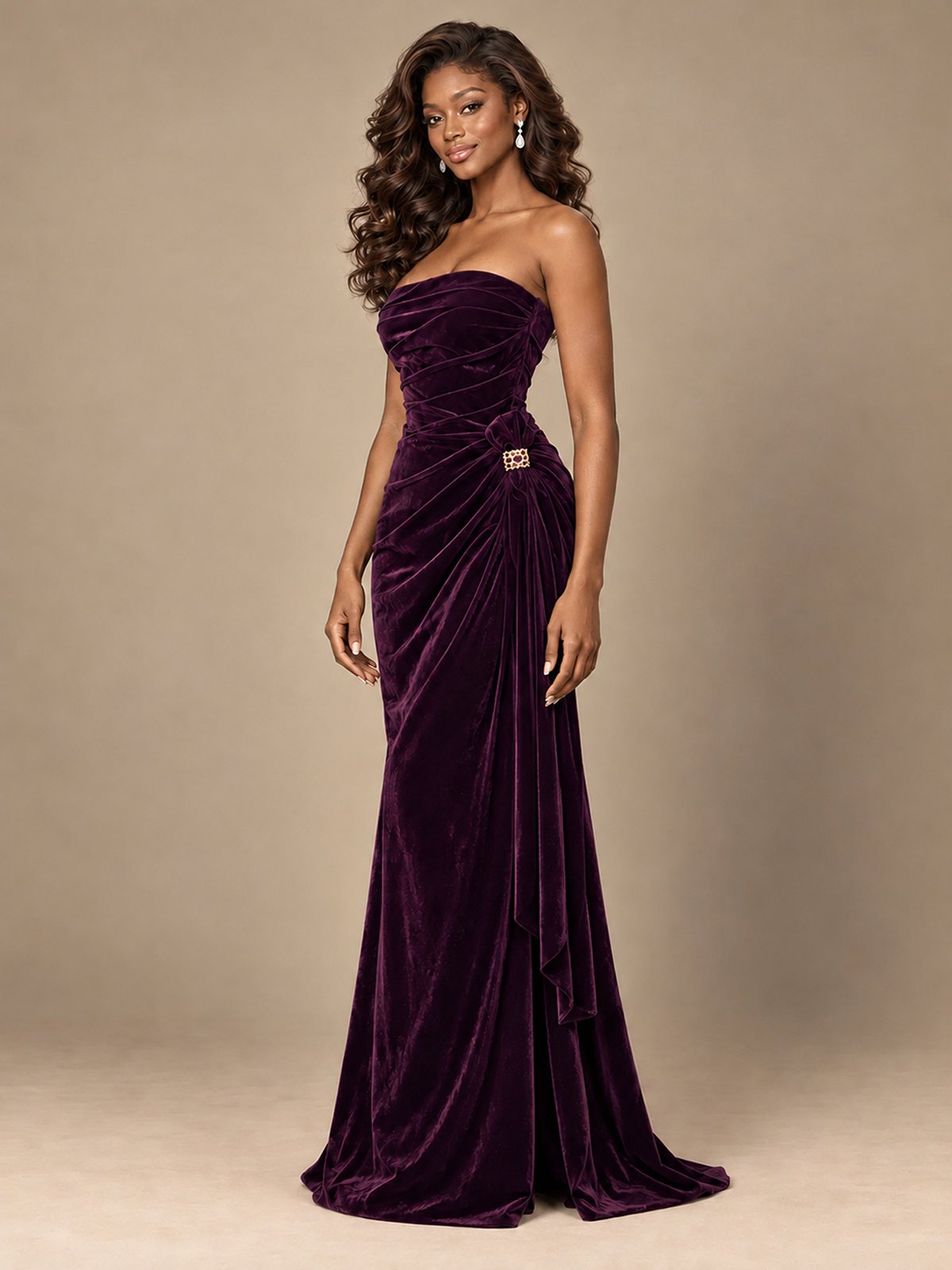Burgundy Velvet Strapless Ruched Prom Dress with Jeweled Side Drape