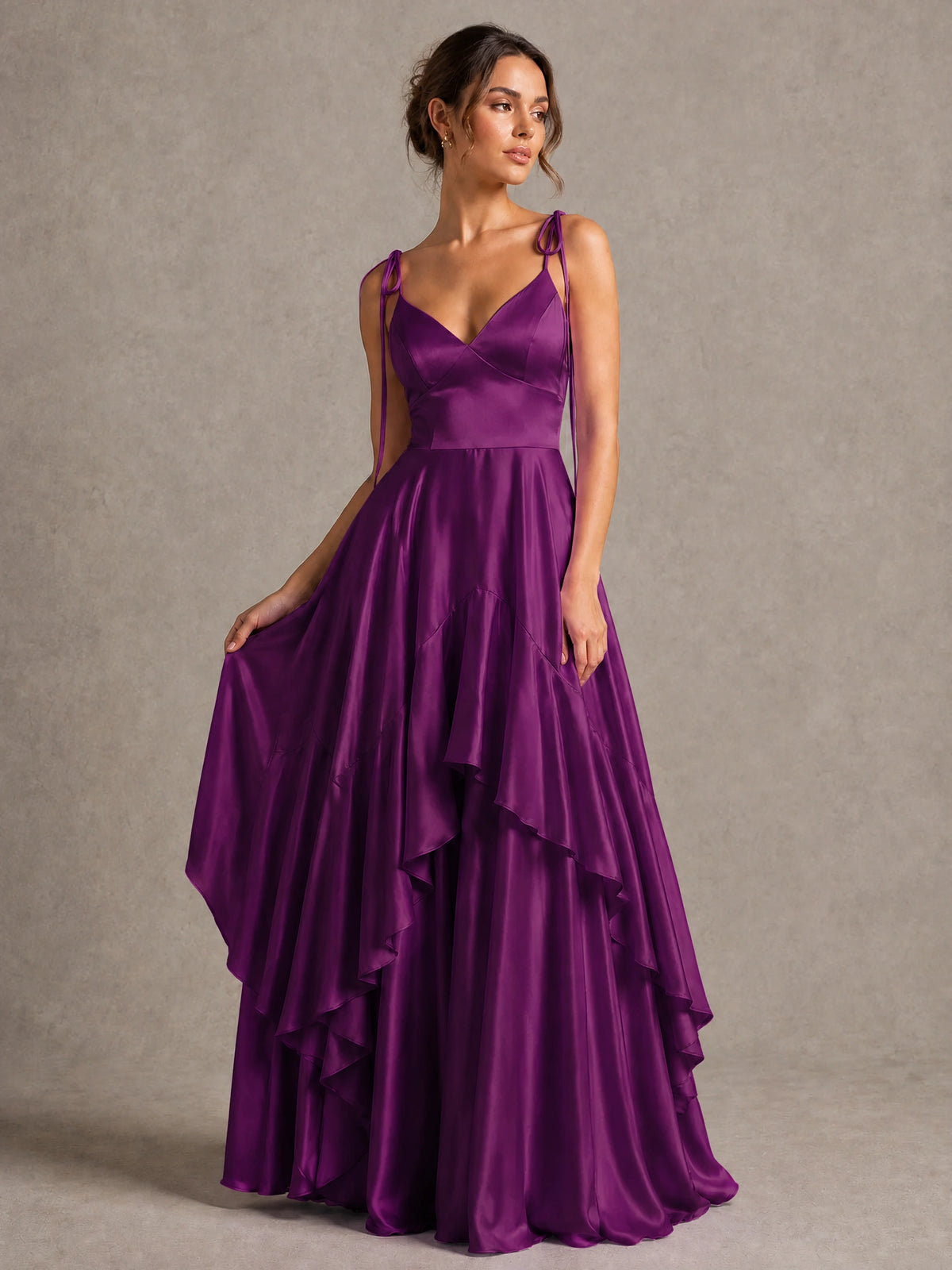 Lavender Satin V-Neck Ruffle Maxi Dress