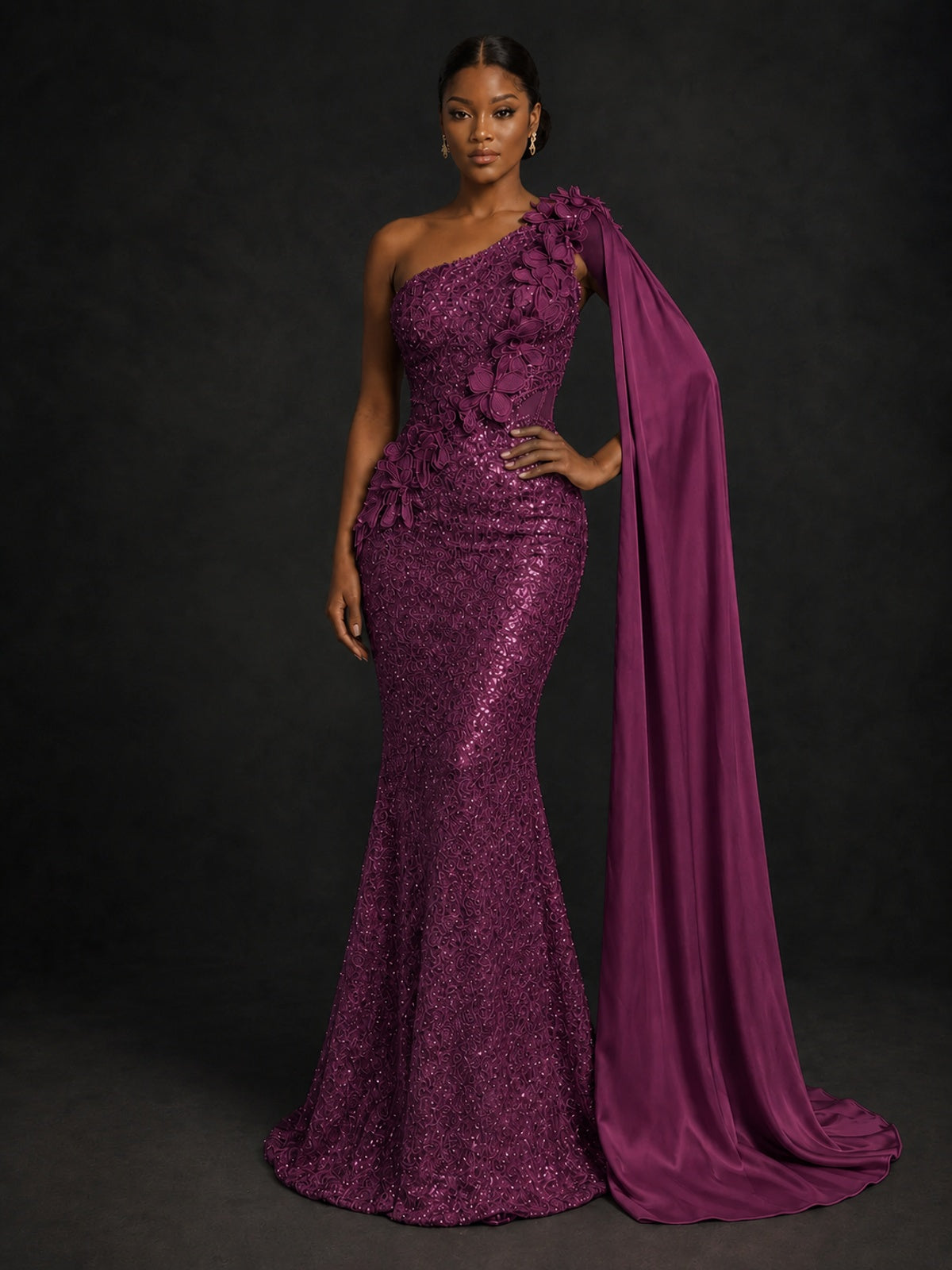 Gold Sequin One Shoulder Mermaid Prom Dress with Cape