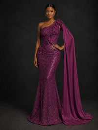 Gold Sequin One Shoulder Mermaid Prom Dress with Cape