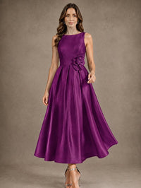 Tea-Length Satin Mother of the Bride Dress with 3D Flower Detail