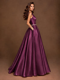 Satin A-Line Prom Dress Sleeveless Beaded Waist Formal Gown with Pockets