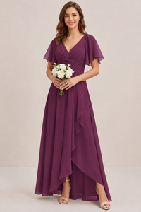 Dusty Blue Chiffon Bridesmaid Dress with Flutter Sleeves & High-Low Hem